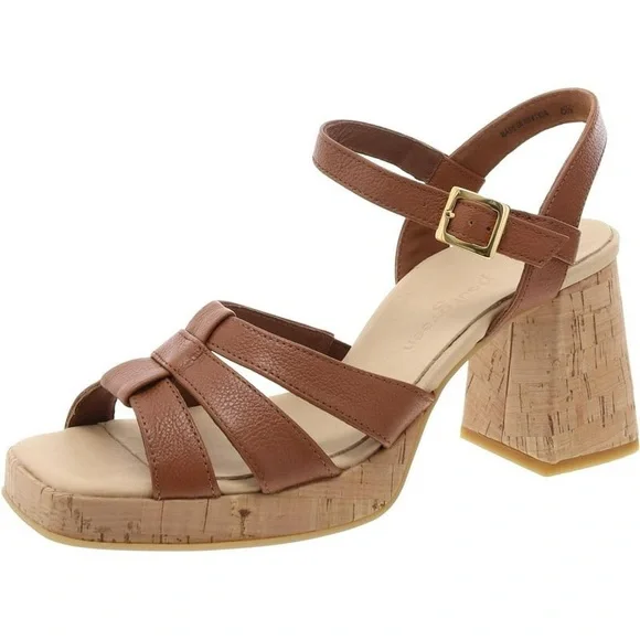 Paul Green Tina Cognac Leather Cork Block Heel Sandals Ankle Strap Sz 10 BNWB - Picture 5 of 11